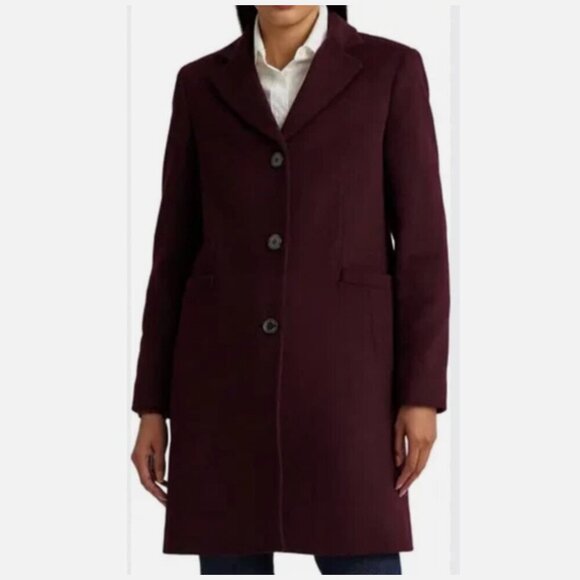 Reefer Wool Blend Coat by Lauren Ralph Lauren Burgundy Women’s Size 14P - Picture 2 of 11